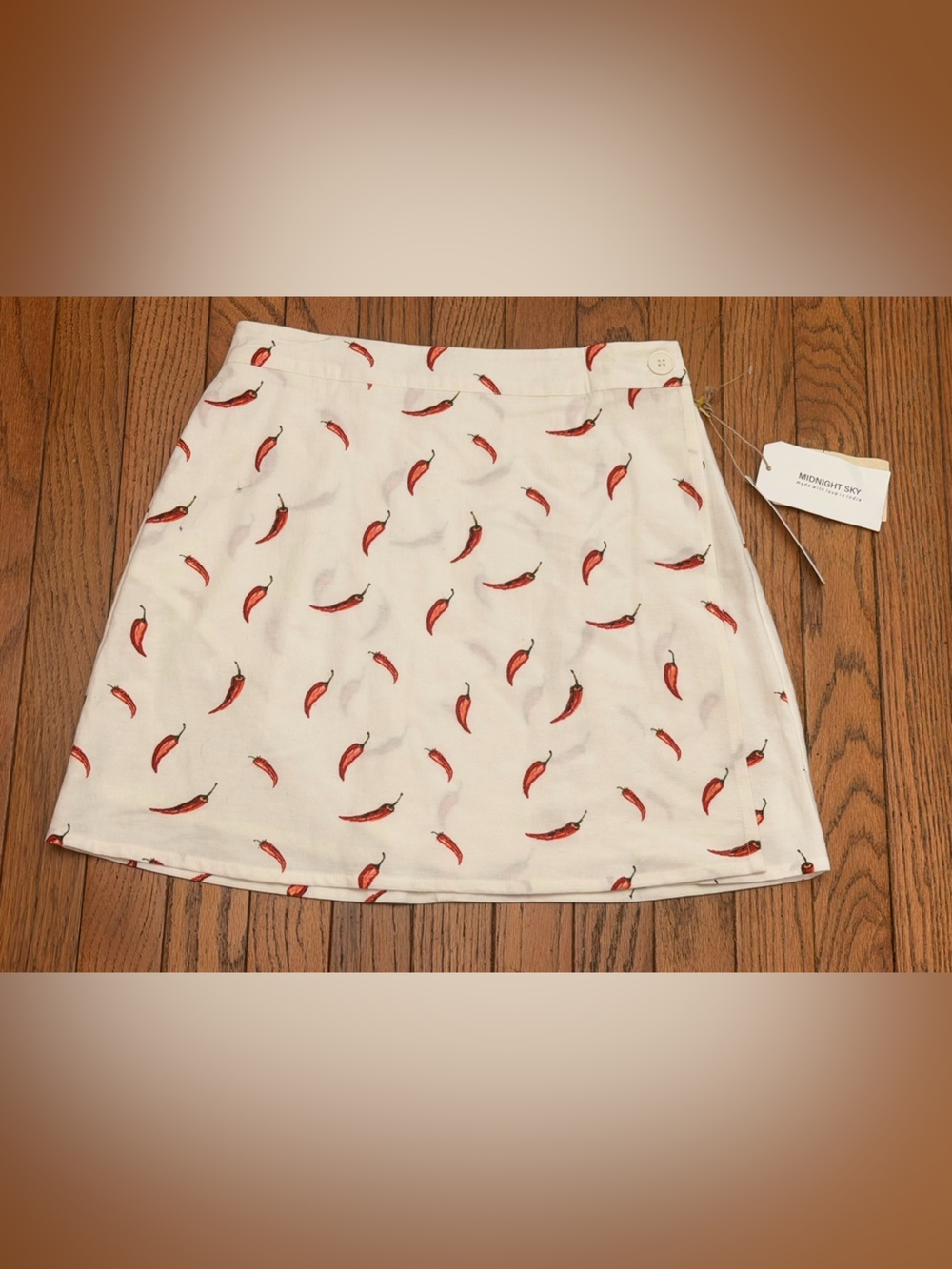 Midnight Sky White linen Blend Mini Skirt with Red Chili Print